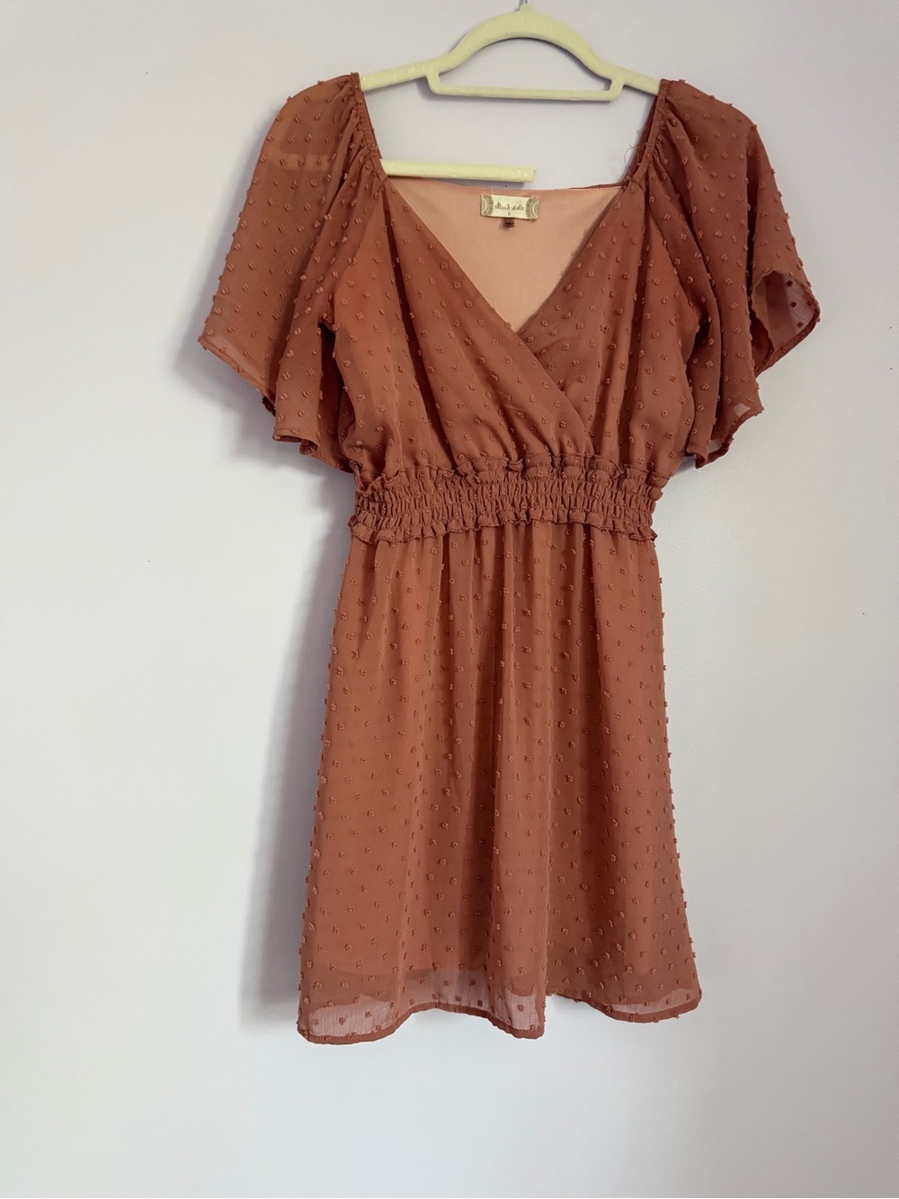 Altar'd State Rust Brown Swiss Dot Wrap Midi Dress